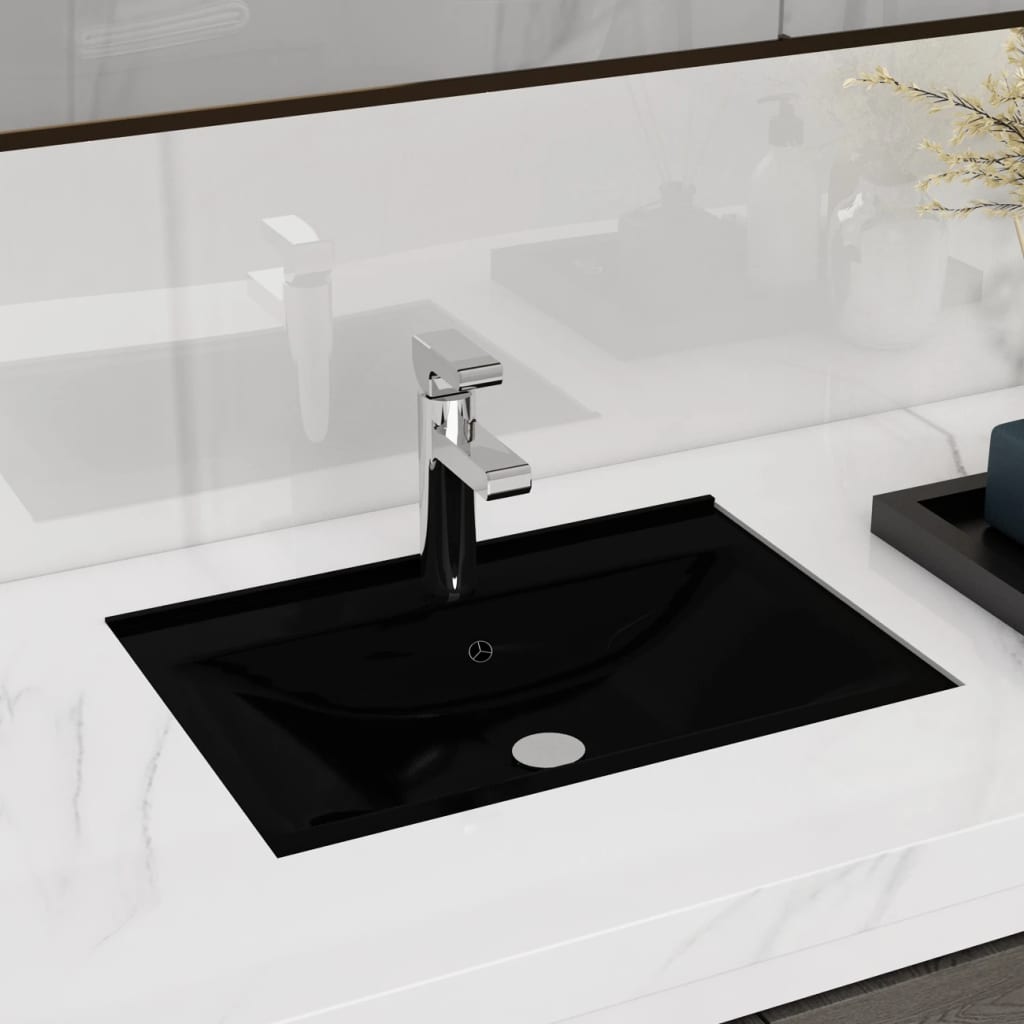 Ceramic Bathroom Sink Basin Faucet/Overflow Hole Black Rectangular