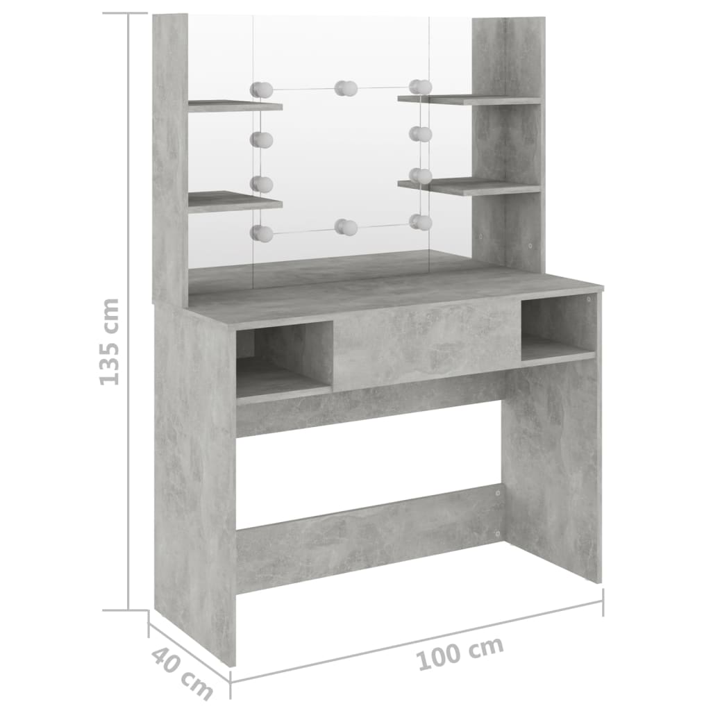 Makeup Table with LED Lights 100x40x135 cm MDF Concrete Grey