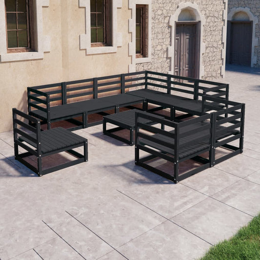 10 Piece Garden Lounge Set Black Solid Pinewood