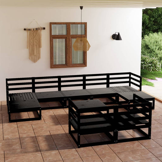 10 Piece Garden Lounge Set Black Solid Pinewood