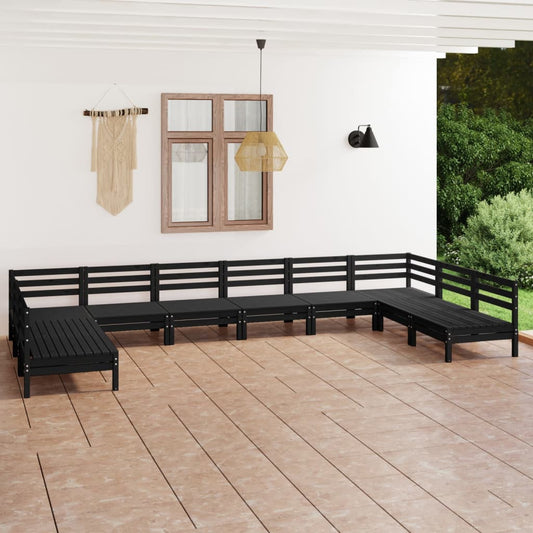 10 Piece Garden Lounge Set Black Solid Wood Pine