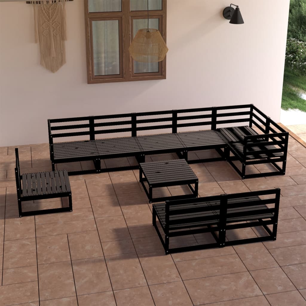 10 Piece Garden Lounge Set Black Solid Pinewood