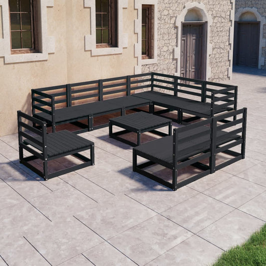 10 Piece Garden Lounge Set Black Solid Pinewood