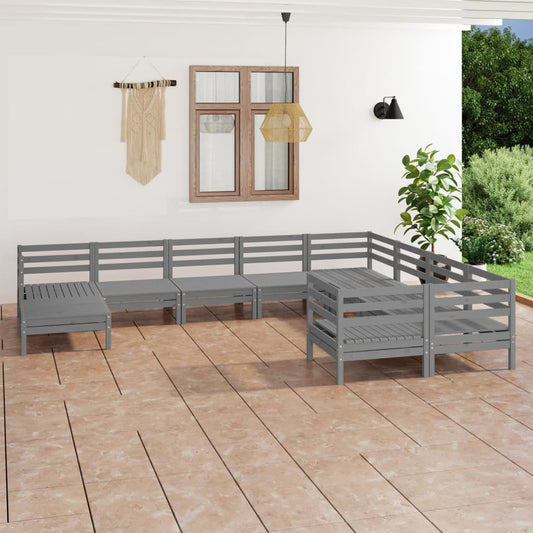 10 Piece Garden Lounge Set Grey Solid Wood Pine